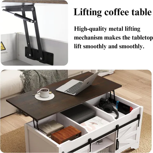 Vista 4 de Mesa auxiliar de 48 pulgadas de ancho con puerta corrediza de granero, mesas de café rectangulares rústicas, mesa central de madera con Blanco