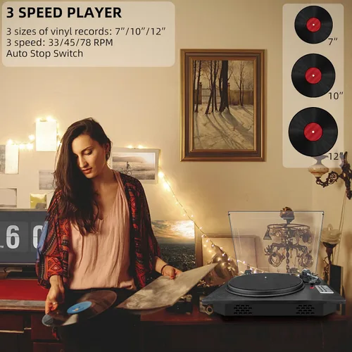 Vista 2 de Tocadiscos de vinilo, tocadiscos de 3 velocidades con Bluetooth incorporados, reproductor de discos de vinilo USB de grabación directa MP3