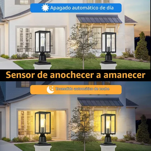 Vista 2 de Luz de poste al aire libre de atardecer hasta el amanecer con base de montaje en muelle, paquete de 2 lámparas de poste modernas, accesorio de poste