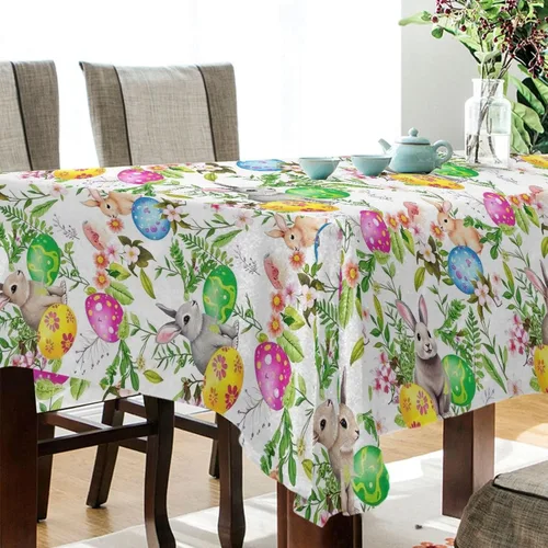 Vista 3 de senya Manteles de Pascua – Rectangular, Poliéster, Patrón de Pascua – 54 x 60 pulgadas – Resistente a las manchas y al calor – Perfecto