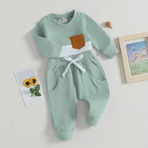 Vista 2 de 2 piezas de sudadera para bebé niño, ropa de bloque de color, manga larga, sudadera con pantalones deportivos para otoño