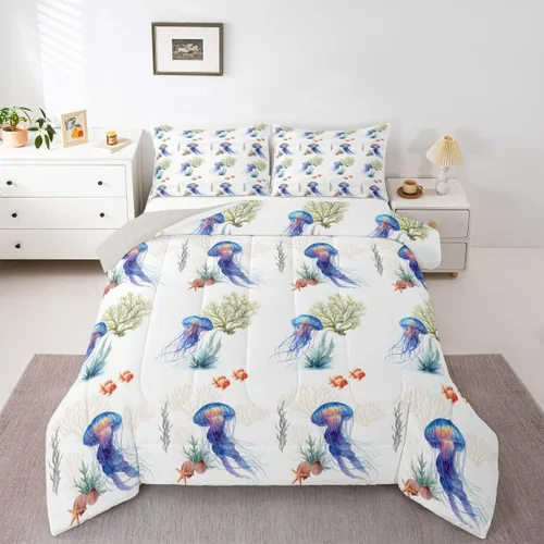 Vista 43 de Erosebridal Blue Ocean - Juego de edredón tamaño individual Juego de ropa de cama de ballena delfín y tortuga marina para niños y niñas, juego