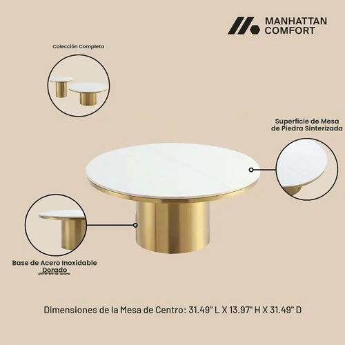 Vista 6 de Manhattan Comfort Glenn - Mesa de centro redonda con elegante parte superior de piedra sinterizada y base de acero inoxidable, diseño elegante