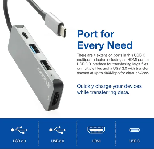Vista 5 de Verbatim - Adaptador 4 en 1 USB C Hub con 4K HDMI, 60W Power Delivery, USB 3.0, USB 2.0 para portátiles USB C