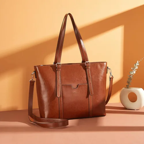Vista 2 de BOSTANTEN Bolso de mano de cuero para mujer para laptop, bolsa al hombro de oficina, maletín vintage de 15.6 pulgadas, bolso de trabajo