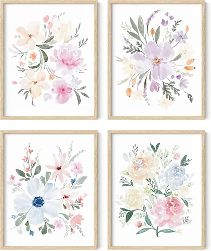 Vista 27 de HAUS AND HUES Arte de pared floral gris, juego de 4 pósteres de plantas para pared vintage, impresiones botánicas, cuadros de flores en blanco