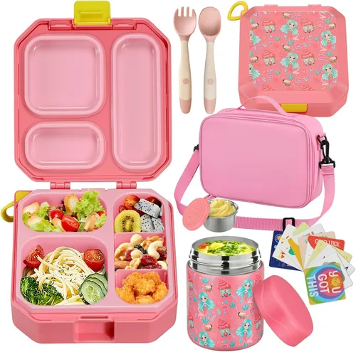 Vista 13 de wiwens - Lonchera Bento para niños con termo de sopa de 12 onzas, contenedor de comida para almuerzo a prueba de fugas con 5 compartimentos, termo
