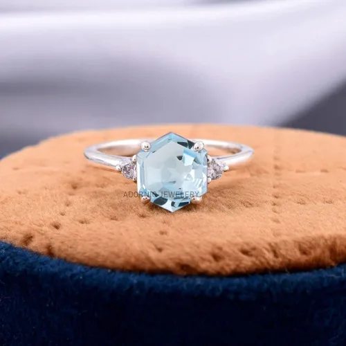 Vista 7 de Anillo de plata de ley 925 para mujer, anillo de diamantes de imitación de aguamarina de plata esterlina, anillo Art Deco de marzo, piedra natal