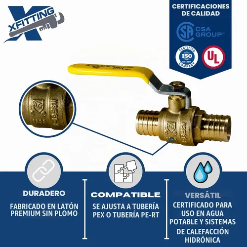 Vista 5 de XFITTING Pex Barb - Válvula de bola de 1 pulgada, mango amarillo, latón
