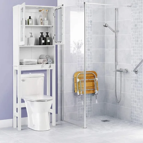 Vista 4 de WATERJOY Gabinete de almacenamiento sobre el inodoro, organizador de gabinete de baño con 2 puertas de vidrio templado Moru, estante para inodoro