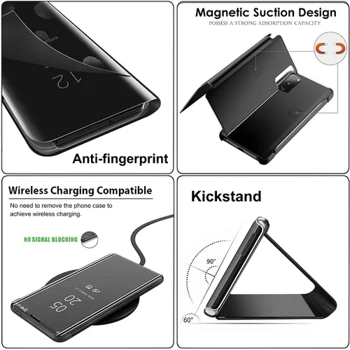 Vista 4 de Funda para Huawei P40, funda de espejo abatible con función de soporte, PC/PU translúcida transparente a prueba de golpes, funda protectora