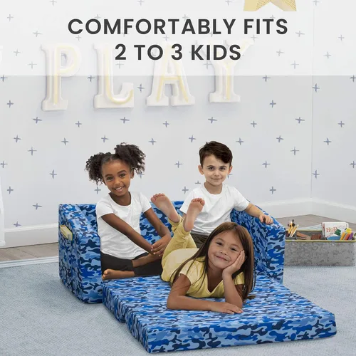 Vista 5 de Delta Children Cozee - Sofá 2 en 1 extra ancho convertible a tumbona, cómodo sofá abatible para niños, camuflaje azul