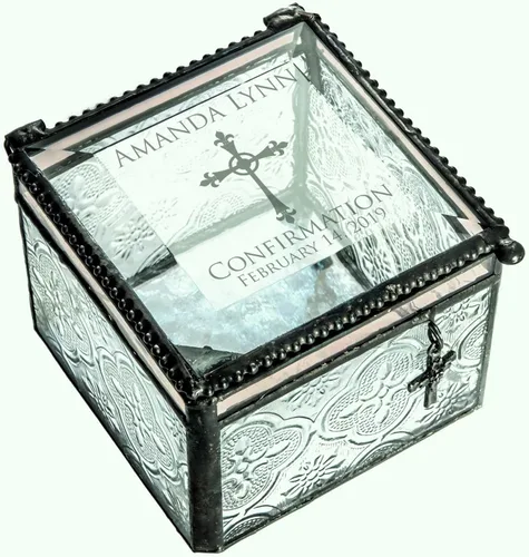 Vista 7 de Regalo de confirmación recuerdo personalizado grabado personalizado vintage vitral joyería baratija rosario caja J Devlin 631 EB221