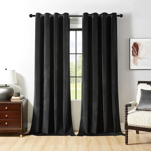 Vista 32 de Joydeco Cortinas de terciopelo negro de 63 pulgadas de largo, 2 paneles, cortinas opacas de lujo con bolsillo para barra, cortinas de ventana