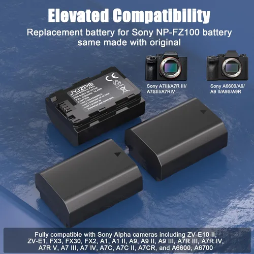 Vista 2 de JYJZPB Paquete de 3 baterías NP-FZ100 y cargador de batería triple Capacidad de 2280 mAh cada paquete, para cámaras Sony A7III A7IV A7R III A9