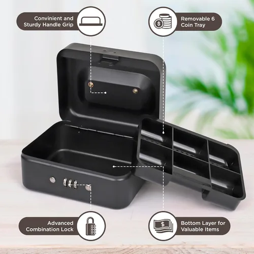 Vista 4 de Darice Caja de seguridad para dinero – Caja de dinero mediana con bandeja de dinero y candado – Caja de seguridad – Organizador para billetes