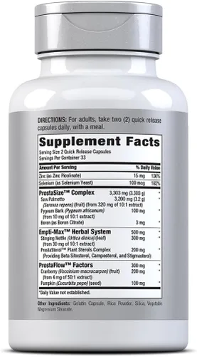 Vista 2 de Piping Rock ProstaFit Advanced Prostate Support* 66 Cápsulas Complejo con Saw Palmetto, semillas de calabaza, zinc y extracto de ortiga