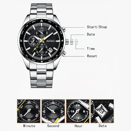 Vista 4 de Relojes de pulsera para hombre, cronógrafo, casual, de cuarzo, con correa de acero inoxidable, impermeable, taquímetro, fecha