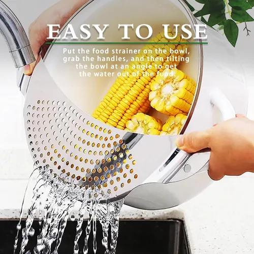 Vista 4 de Colador de acero inoxidable, 2 unidades, colador de pasta, colador de alimentos de metal para fideos, frutas, verduras, adecuado para macetas