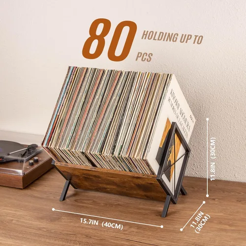 Vista 3 de Estante de almacenamiento de discos de vinilo, soporte para 80 discos de vinilo, estante de exhibición de vinilo de 1 nivel con divisor ajustable