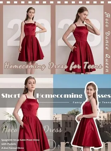 Vista 9 de Tianzhihe Vestidos cortos de satén para adolescentes 2024 con tirantes delgados, vestidos de fiesta de cóctel con bolsillos
