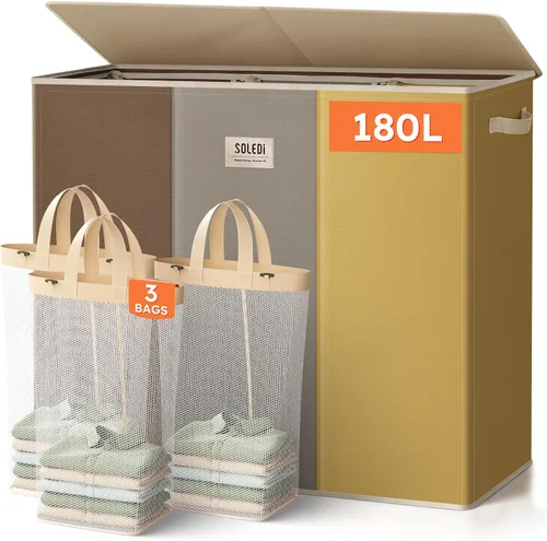 Vista 24 de SOLEDI Cesta de lavandería de 3 secciones de 180L con tapa, cesta de ropa sucia extragrande con asas resistentes para lavandería y dormitorio