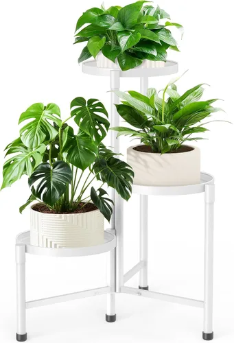Vista 10 de Soporte esquinero de 3 niveles para plantas para interiores y exteriores, estante de metal para plantas con bandeja de 10 pulgadas de ancho, soporte