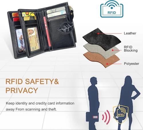 Vista 5 de CONISY Cartera pequeña para mujer, billetera compacta de cuero plegable con pulsera RFID bloqueo para mujer (negro)