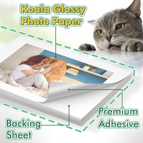 Vista 2 de Papel adhesivo brillante Koala para impresora de inyección de tinta y láser, papel adhesivo fotográfico imprimible, 20 hojas de 8.5x11 pulgadas