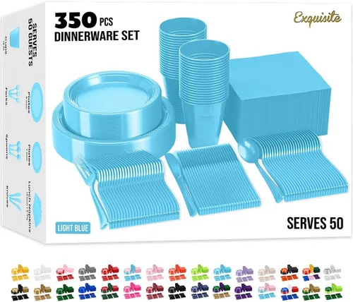 Vista 29 de Exquisite 350 Piezas Platos de Plástico de Cumpleaños Azules Para Fiestas, Juego de Platos Desechables de Cumpleaños Azules, 50 de Cada Juego