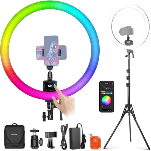 Vista 10 de NEEWER Luz de anillo de 18 pulgadas con soporte de trípode, luz de anillo LED grande de 55W, soporte para teléfono con zapata fría compatible