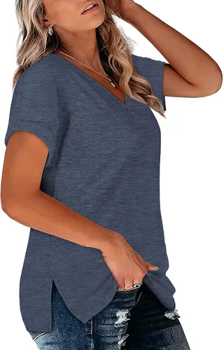 Vista 4 de VISLILY Camisetas de verano con cuello en V y manga enrollada para mujer