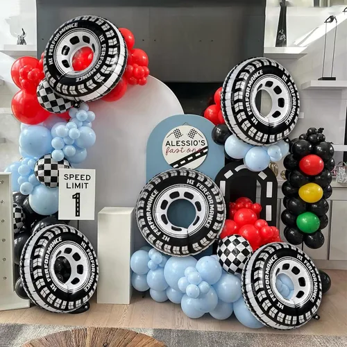 Vista 7 de 6 globos de aluminio para neumáticos de auto de carreras, globos reutilizables de 30 pulgadas con cinta, puntos de pegamento y pajilla, decoraciones