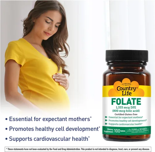 Vista 4 de Country Life Folato 800 mcg (ácido fólico), apoya el desarrollo celular saludable y la salud cardíaca, apoyo prenatal para mujeres, 100 tabletas