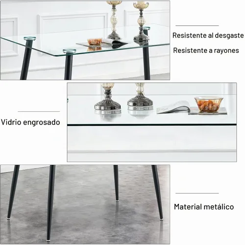 Vista 6 de Baysitone Mesa de comedor de cristal para 4 personas con tapa de vidrio rectangular transparente de 51 pulgadas, muebles de cocina de vidrio Negro