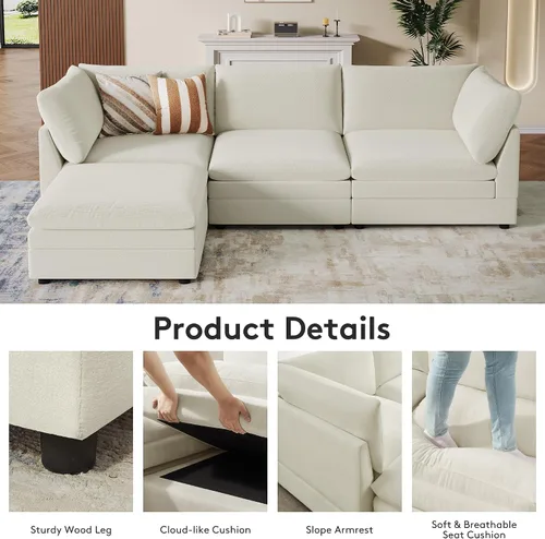 Vista 3 de VANOMi Sofá modular modular en forma de L de 98 pulgadas con otomana Beige