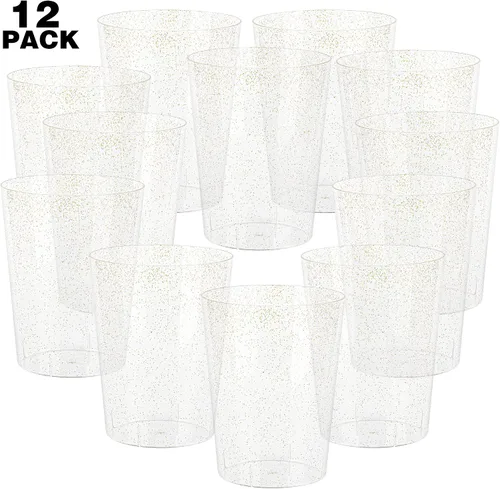 Vista 2 de Tiawudi Paquete de 12 cubos de hielo de plástico para fiestas, enfriador de vino transparente con purpurina dorada para bodas, bueno como un