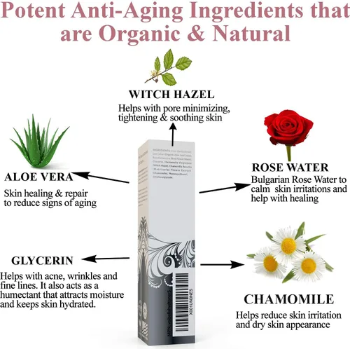 Vista 4 de Tónico hidratante orgánico para la cara antienvejecimiento, agua de rosas, hamamelis y aloe vera tonificante facial para mujeres. Spray de agua