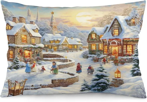 Vista 25 de Fundas de cojín decorativas para cama, diseño de pueblo de invierno, escena de invierno, con una casa victoriana en un entorno nevado, fundas