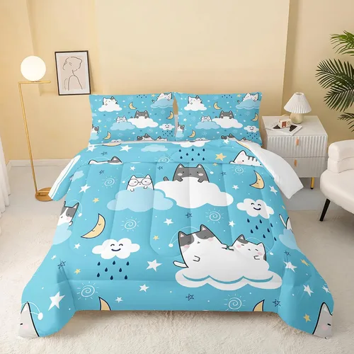 Vista 31 de QOOMO Edredón floral de gato tamaño Twin, juego de ropa de cama de gato rosa para niños, adolescentes y niñas, juego de ropa de cama de 3 piezas