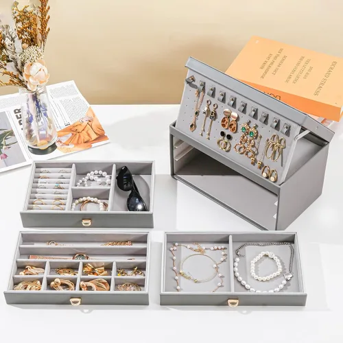 Vista 2 de ProCase Joyero para mujeres y niñas, caja organizadora de joyas grande de 4 capas con tapa de cristal, regalo de San Valentín, organizador de joyas
