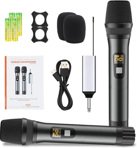 Vista 8 de Micrófono inalámbrico, sistema de micrófono dinámico inalámbrico de metal dual UHF de mano con receptor recargable, rango de 200 pies, para karaoke
