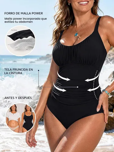 Vista 5 de Traje de baño de una pieza para mujer, con control de abdomen, traje de baño con arrugas Negro