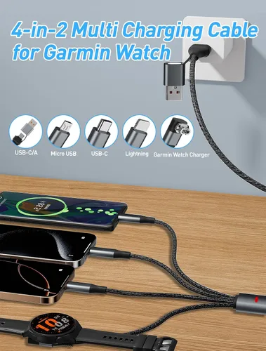 Vista 3 de Cable de carga múltiple de 100 W para Garmin Watch, cable de carga rápida USB múltiple de 10 pies con USB-C (100 W), Lightning, Micro-USB y cargador