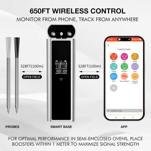 Vista 4 de Termómetro Bluetooth inalámbrico para carne con sondas duales, 650 pies de largo alcance inteligente con aplicación controlada, termómetro