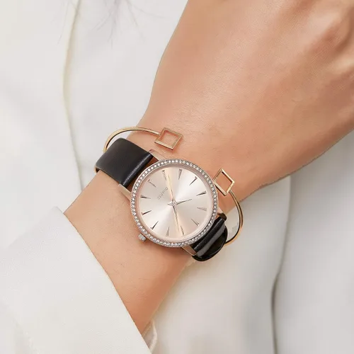 Vista 2 de Women's Quartz Watch with Rhinestone Crystal Bezel Negro
