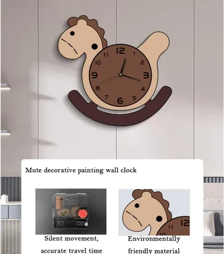 Vista 3 de SYALEO Decorative Cartoon Horse Shape Wall Clock Quiet Sweep Movement Battery Powered Creative Cute Decorative Wall Clock for Kids Room Hotel Reloj