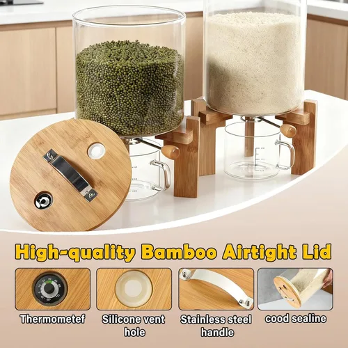 Vista 3 de Dispensador de arroz de vidrio, dispensador de cereales con taza medidora de vidrio y tapa hermética. Dispensador de almacenamiento de arroz de 5