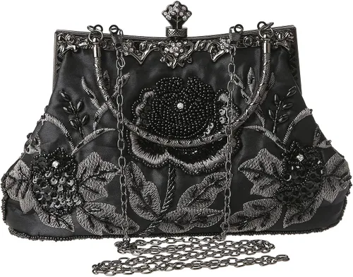 Vista 8 de Bolso de mano de estilo vintage con cuentas florales y strass para mujer, con bordado de lentejuelas, bandolera para novia, boda, fiesta