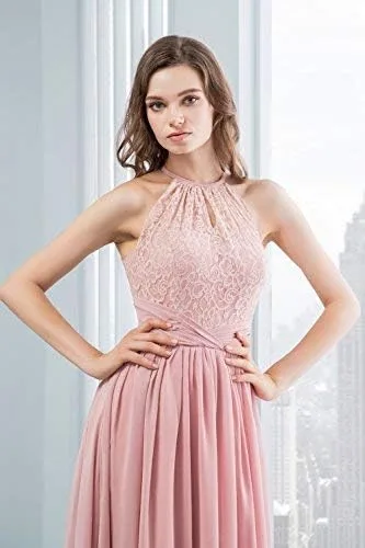 Vista 4 de Vestido de dama de honor de gasa con encaje halter para mujer